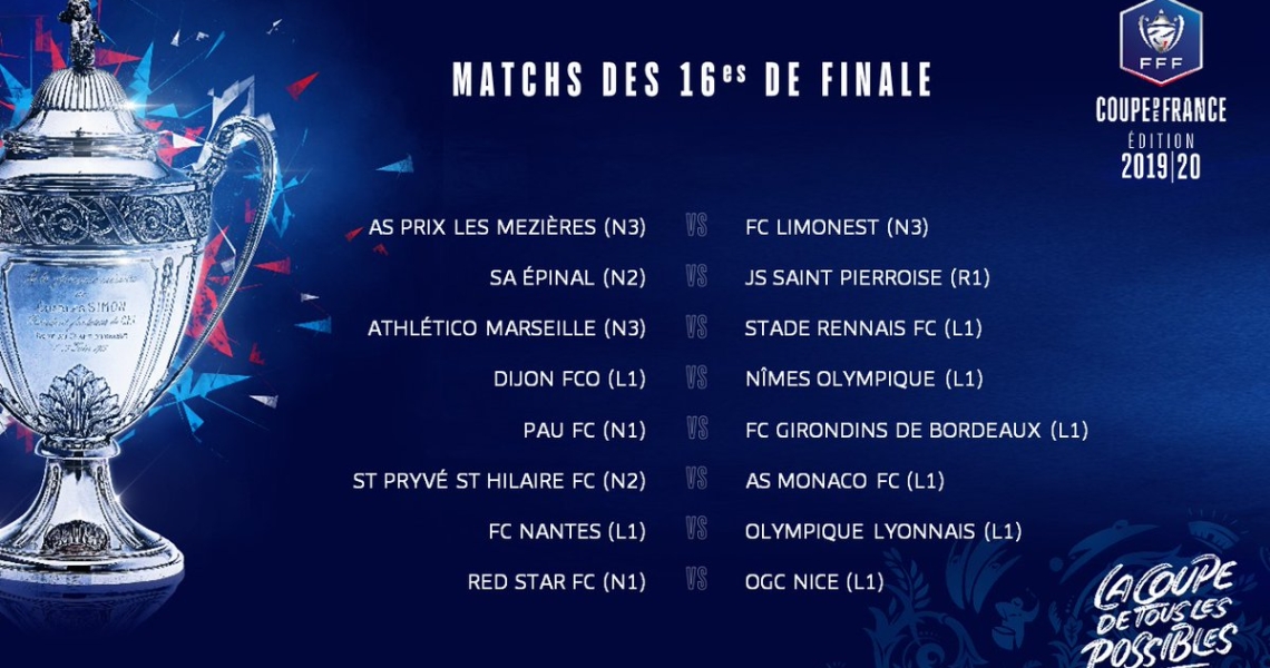 Voici les affiches des 16es de Finale de la Coupe de France qui se dérouleront le weekend du 18 et 19 janvier !